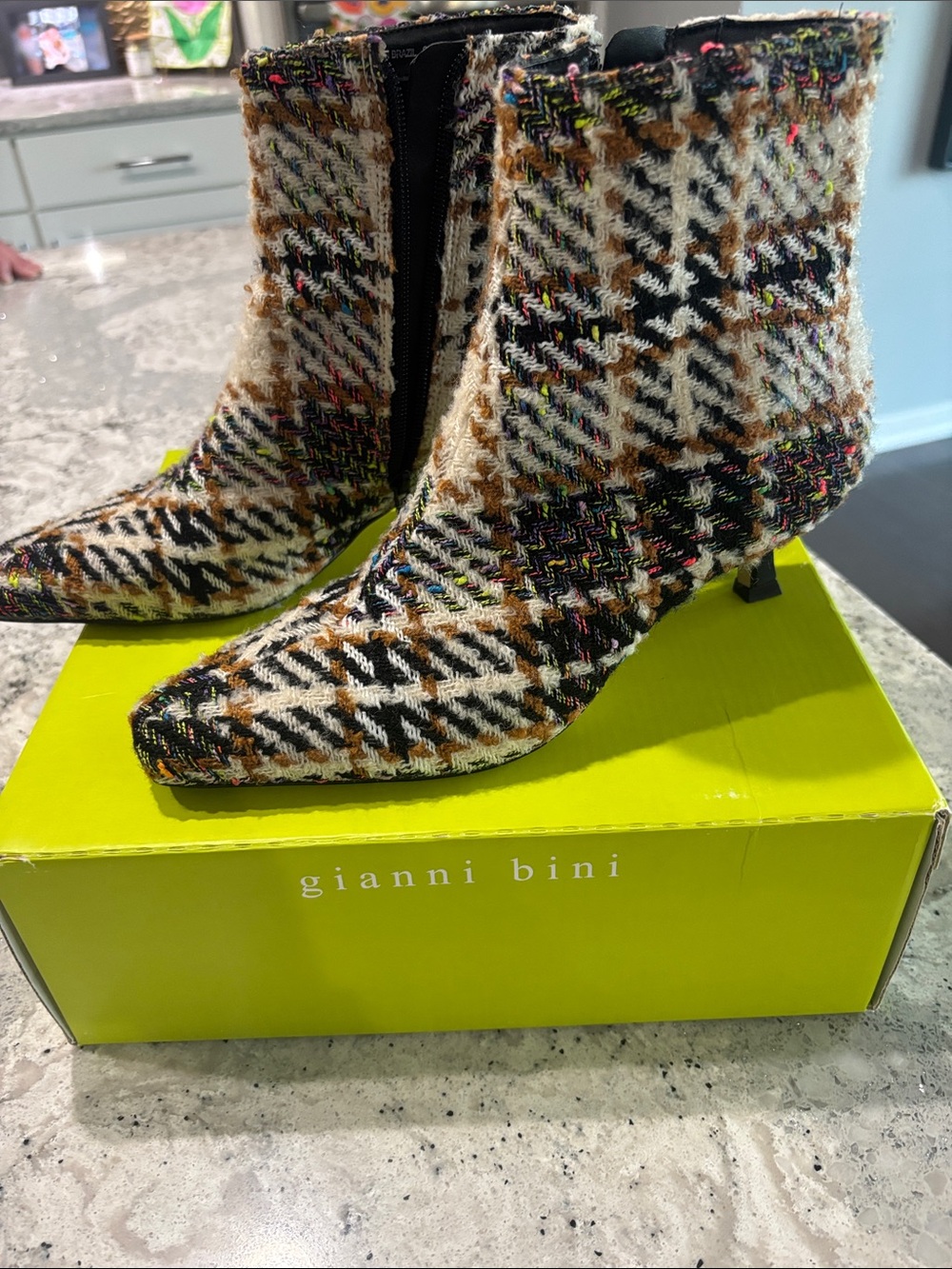 Gianni Bini Cream, Black and Brown Tweed Pointed-Toe Ankle Boots